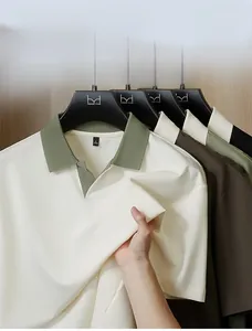 Close-up detail of premium 40s knit fabric on men's contrast collar Polo shirt