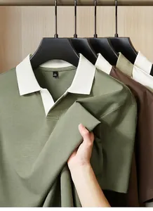 Close-up of premium short-sleeved polo shirts in olive green and brown tones