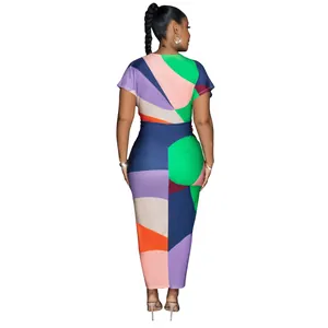 Back view of a vibrant colorful geometric print V-neck pleated maxi dress for women.