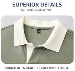 Detail of a men's polo shirt featuring a white rib-knit seagull collar on olive green fabric