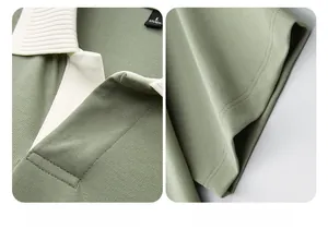 Detailed view of the contrasting seagull collar and flat cuffs on a men's Polo shirt.