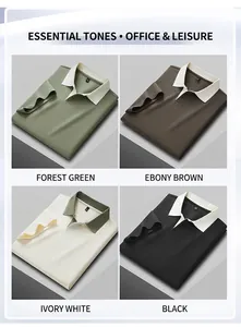 Detail view showing men's loose-fit Polo shirts in four distinct contrast collar colors.