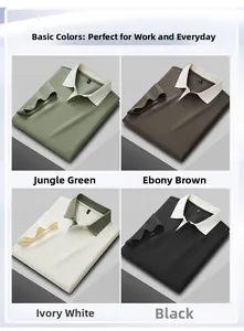 Detail view showing men's loose-fit Polo shirts in four distinct contrast collar colors.