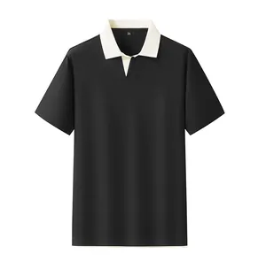Front view of a premium men's black polo shirt featuring a stylish white contrast collar.