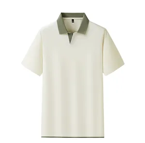 Detail of the unique seagull-style open collar design on this minimalist men's Polo shirt