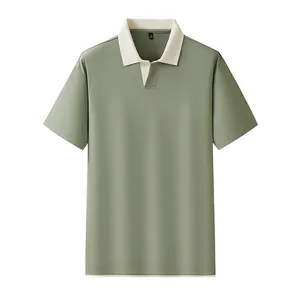 Men's sage green short-sleeve Polo shirt with loose fit and contrast white collar.