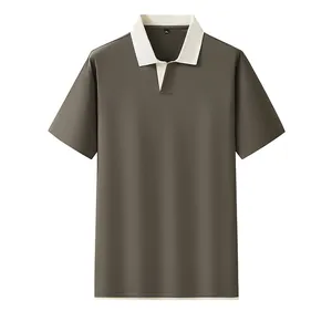 Detailed front view of men's short sleeve Polo shirt with white contrast seagull collar