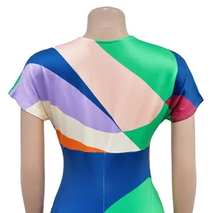 Back view of a colorful geometric print V-neck pleated maxi dress for women