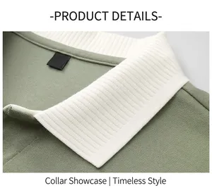 Detailed close-up view of the white ribbed contrast polo collar on a green shirt.