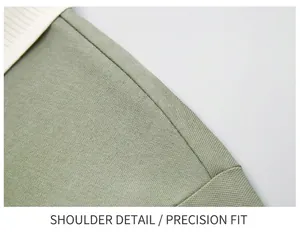 Close-up of 3D tailored shoulder stitching on a men's sage green pique Polo shirt