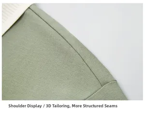 Close-up of 3D tailored shoulder stitching on a men's sage green pique Polo shirt