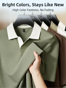 High-end men's 40s loose fit Polo shirt with contrast collar and olive green texture