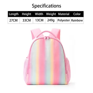 Detailed specifications for glittery rainbow kids backpack made of lightweight polyester