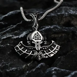 Vintage Viking Thor's Hammer pendant with Valknut symbol in polished stainless steel.