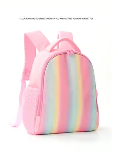 Detail view of a pink children's backpack with a vibrant rainbow glitter panel