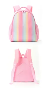 Detail view of a pink rainbow gradient backpack for children with breathable mesh back.