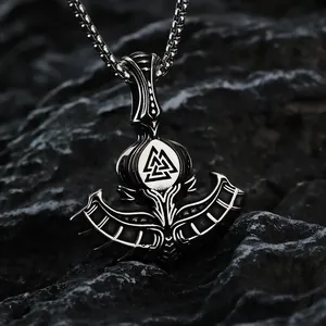 Vintage Viking Thor's Hammer pendant necklace in stainless steel with Valknut symbol on rock