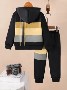 Casual boys hooded tracksuit set with yellow color-block stripes and black pants