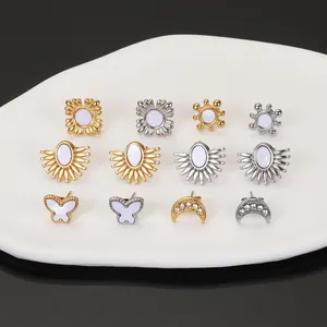 Collection of 18K gold and silver plated stainless steel stud earrings with shell inlay