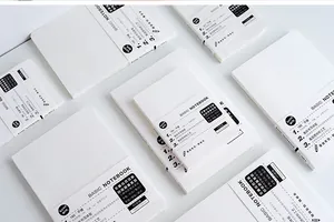 Close-up of minimalist white notebook refills with size specifications on paper bands