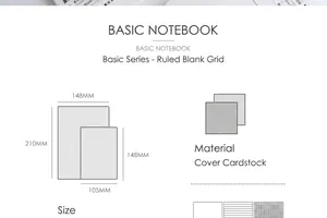 Detailed size guide for basic notebook refills in blank, ruled, and grid styles