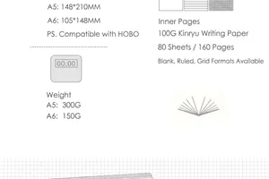 Technical specifications for A5 and A6 paper refills with weight and layout details