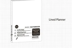 Detailed view of minimalist white A5 notebook featuring a 180-degree lay-flat design layout