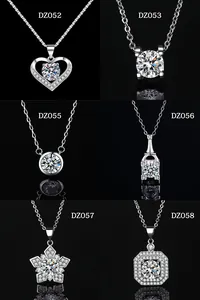 Detailed showcase of multiple minimalist moissanite-style necklace pendant designs in silver tone