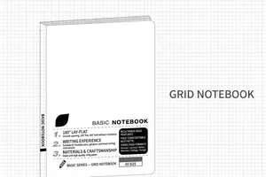 Detailed view of A5 grid notebook with 100g paper and 180-degree flat lay binding