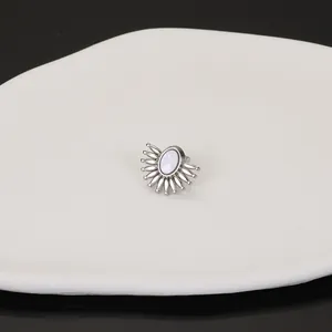 Detailed close-up view of stainless steel earring featuring iridescent shell inlay