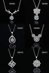 Collection of six elegant silver necklace pendants with sparkling moissanite-like stones.