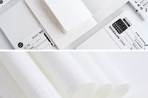 Close-up view of white grid paper inner core and A5 minimalist thread-bound notebooks.