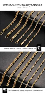 Detail of 18K gold plated stainless steel rope chains shown in multiple thicknesses.