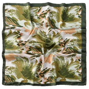 Elegant petal print square silk scarf for women, olive green and peach floral pattern 90cm