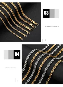 Close-up detail of polished gold and silver stainless steel twisted rope chains for men