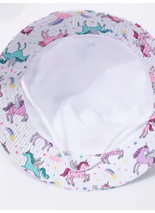 Detailed interior view of a baby bucket hat with mesh lining and unicorn print