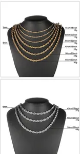 Comprehensive size and weight chart for gold and silver stainless steel rope chain necklaces.