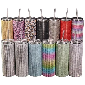 Bicchiere in Acciaio Inossidabile con Strass 20oz Isolato Sottovuoto Skinny Tumbler Con Cannuccia Intarsiato a Mano Tazza da Caffè per Auto Ufficio Regalo Donna