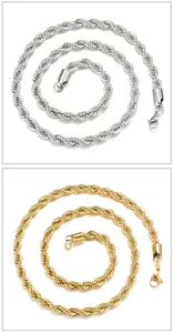 Detailed view of stainless steel rope chain necklaces in silver and gold finishes