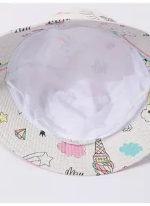 Close-up of baby bucket hat interior featuring mesh lining and adjustable windproof strap