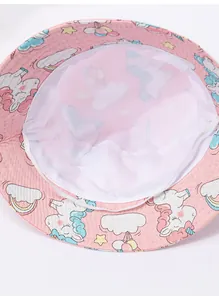 Detail of children's pink bucket hat with breathable white mesh lining and unicorn print