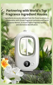 Detailed view of a white automatic aroma diffuser placed in a lush green garden environment