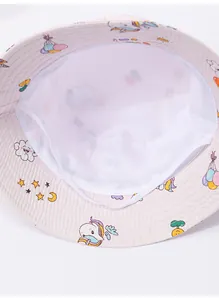 Close-up detail of children's pink bucket hat showing breathable mesh lining and unicorn print