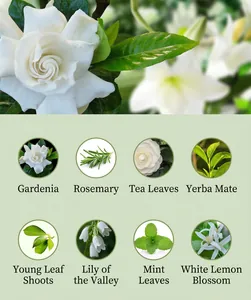 Detailed view of natural fragrance ingredients like gardenia, rosemary, and mint.