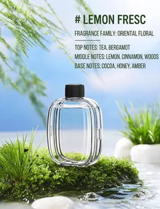Close-up of clear fragrance oil bottle on mossy nature background with lemon notes