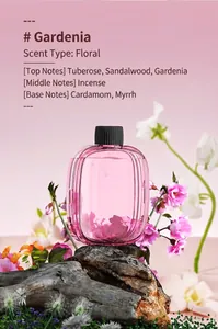 Macro shot of pink aromatherapy essential oil bottle on wood showing floral notes info
