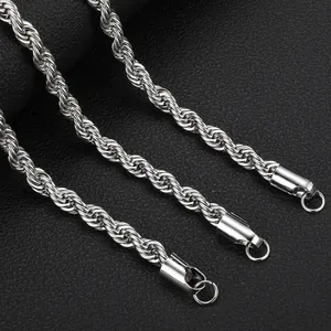 Polished stainless steel silver rope chain necklace for men in trendy hip hop style