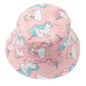 Pink baby bucket hat with cute unicorn and cloud print for sun protection