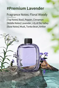 Professional detail of lavender essential oil bottle showing floral and woody notes