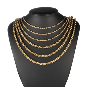 Hip hop style gold-plated stainless steel rope chains displayed on a jewelry bust